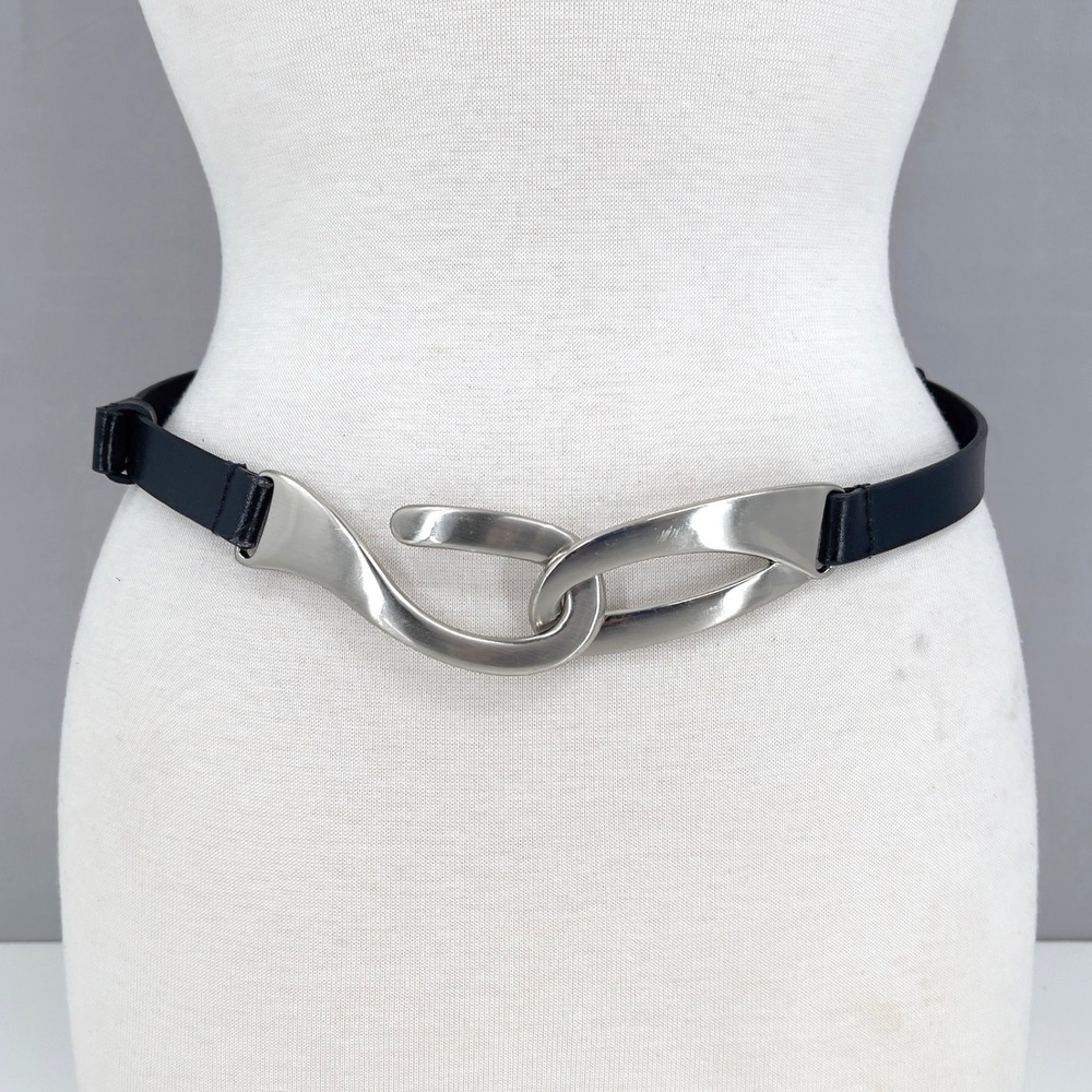 Womens Sculptural Buckle BlackLeather Skinny Belt One Size 29-43 in Statement